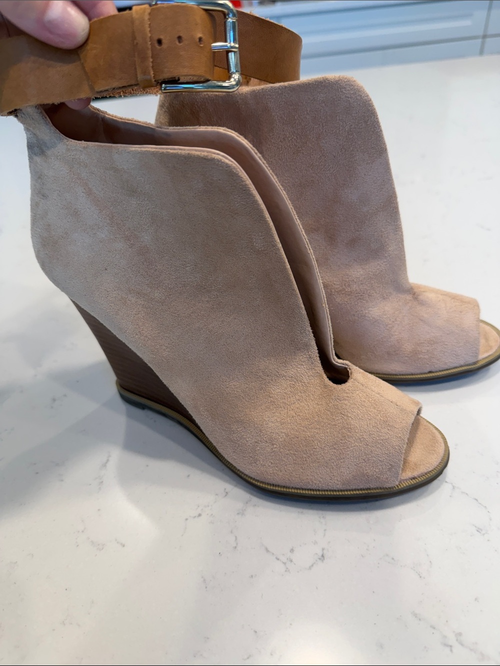 Zigi Soho Tan Suede Peep-Toe Wedge Sandals with Ankle Strap